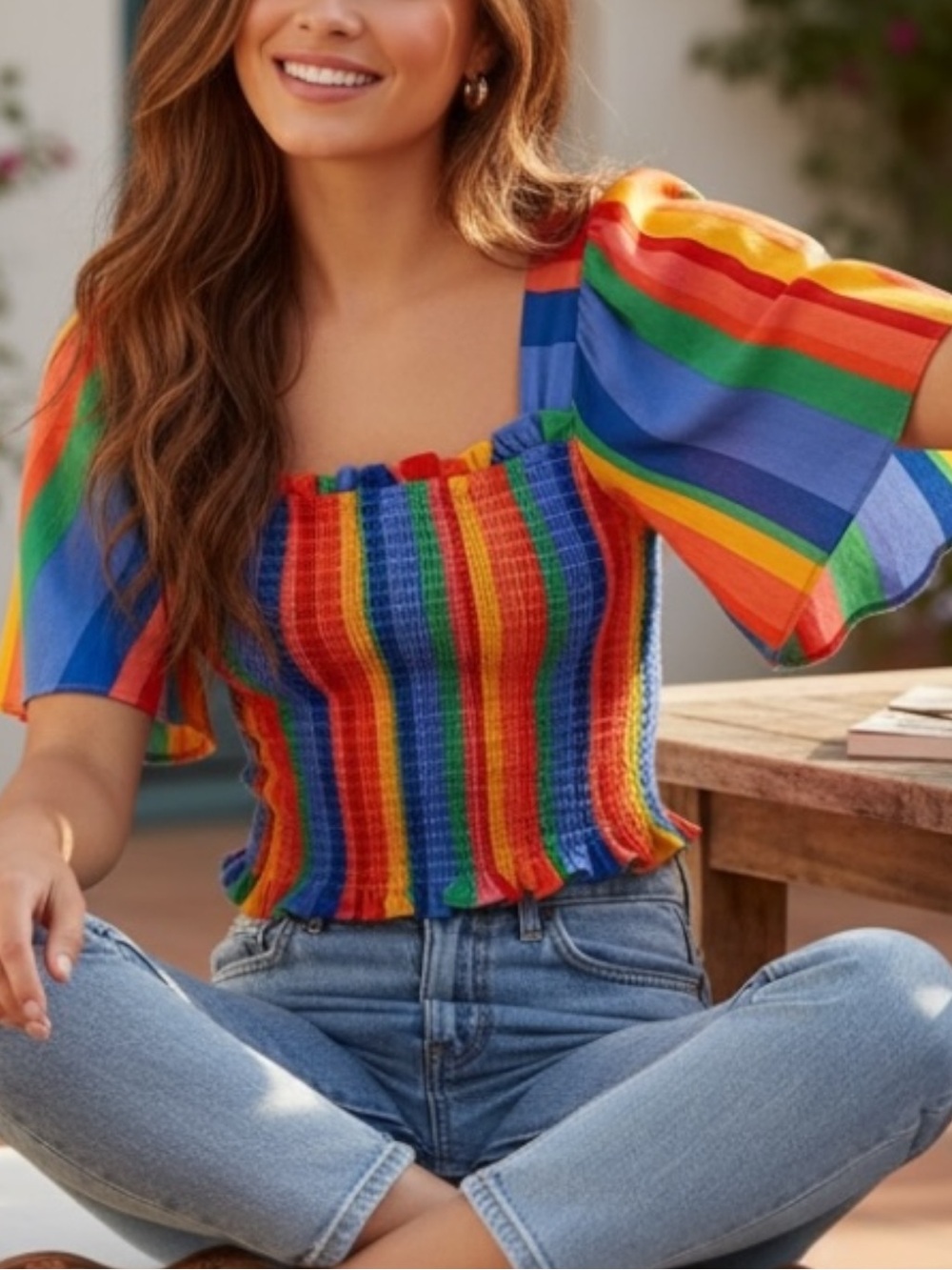 Gianni Bini Colorful Striped Smocked Crop Top